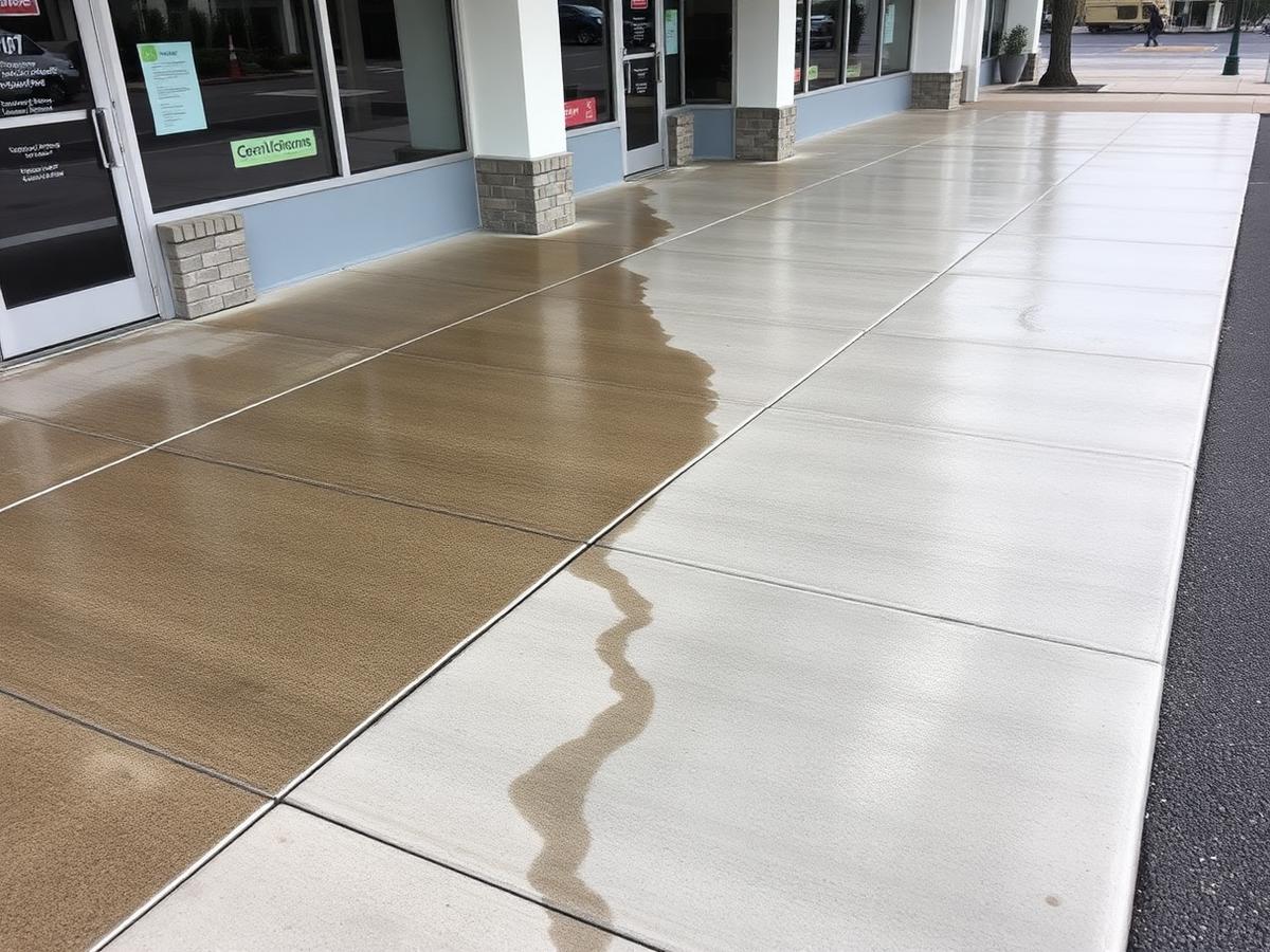 Commercial sidewalk half pressure washed in front of a storefront